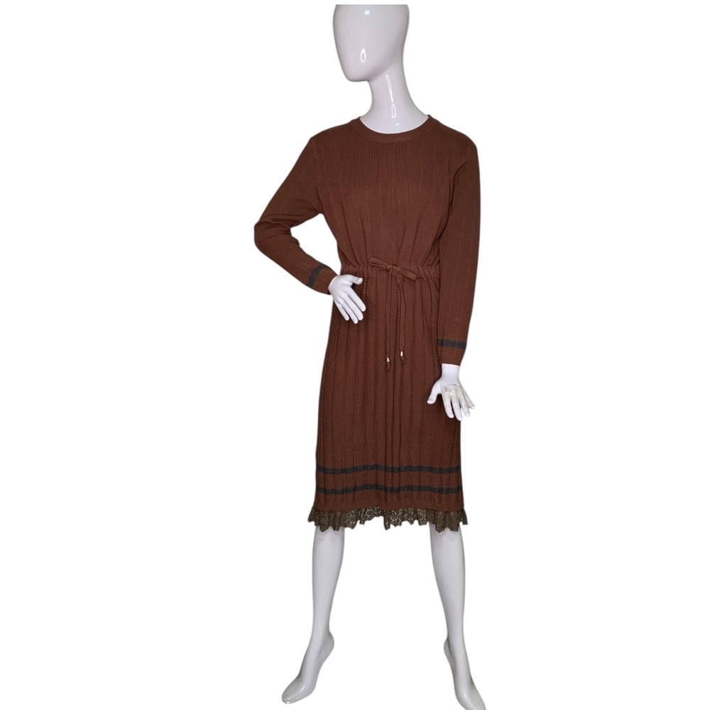 Knit Textured NWOT Midi Dress Long Sleeve Brown with Black Lace Hem Size M